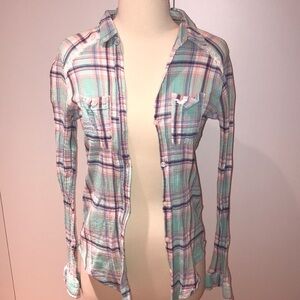 Hollister Seafoam Pink and Blue Plaid Shirt